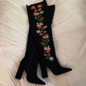 black over the knee embroidered heeled boots